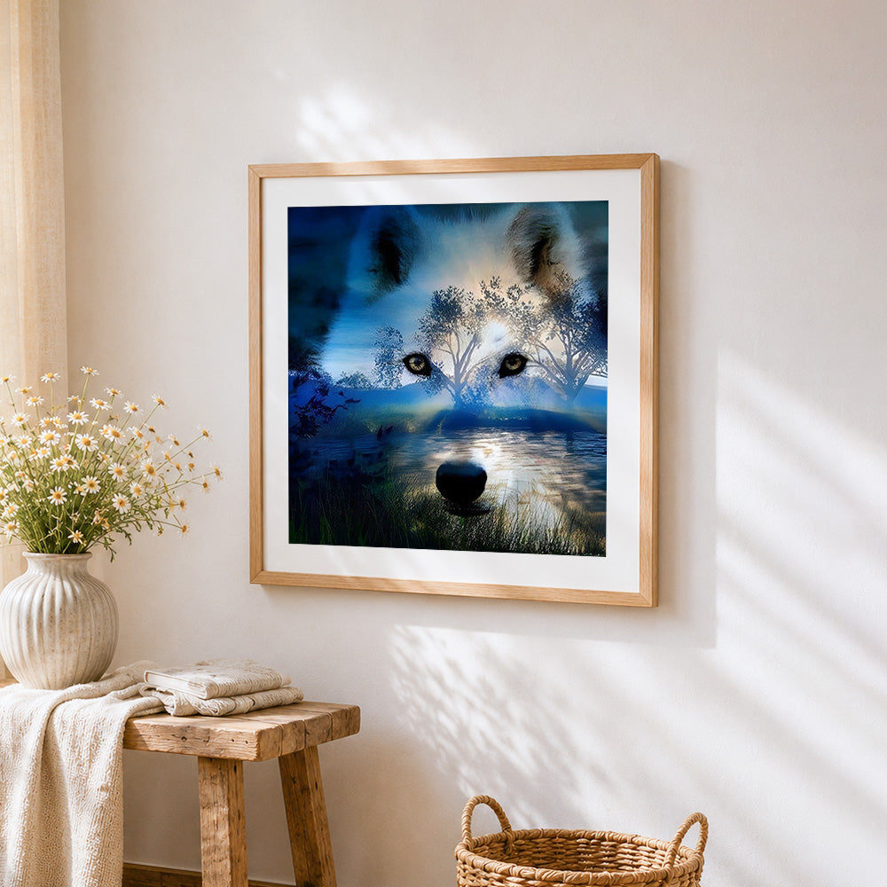 Wolf spirit in a forest landscape cross stitch artwork displayed on wall as home decor