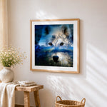 Wolf spirit in a forest landscape cross stitch artwork displayed on wall as home decor