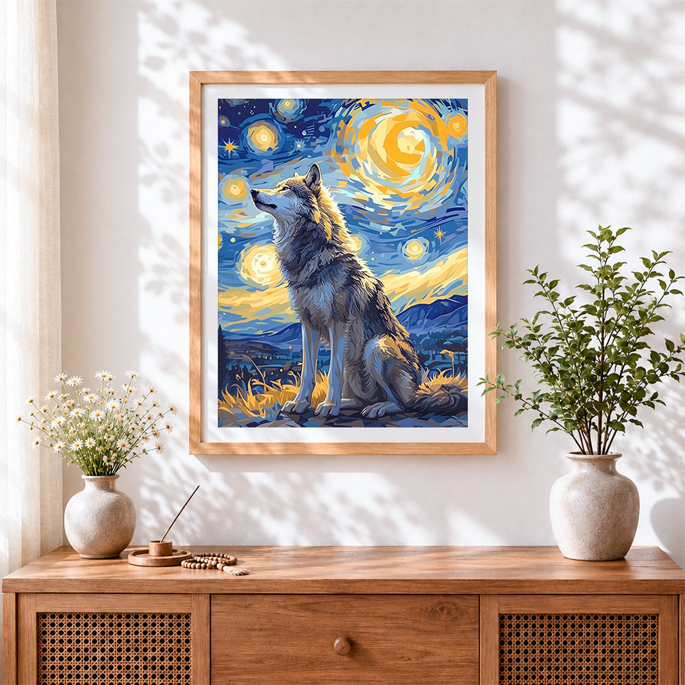 Finished wolf under starry night cross stitch artwork displayed