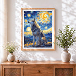 Finished wolf under starry night cross stitch artwork displayed