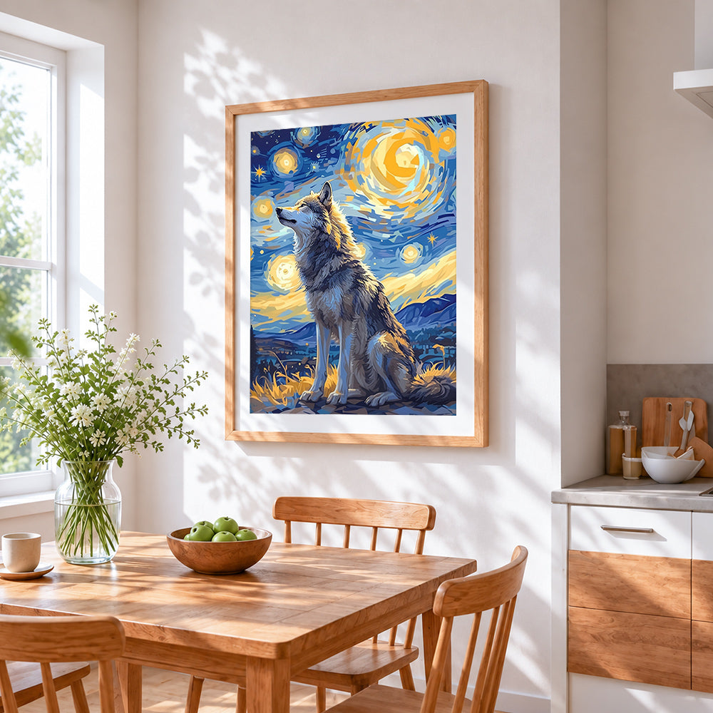 Wolf under starry night cross stitch artwork displayed on wall as home decor