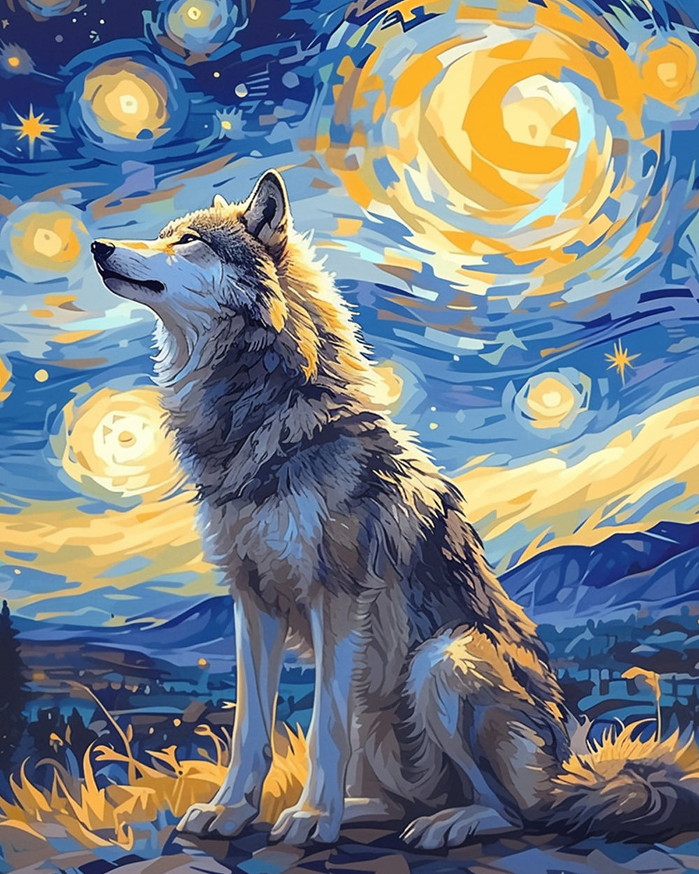 Wolf under starry night paint by numbers kit for beginners