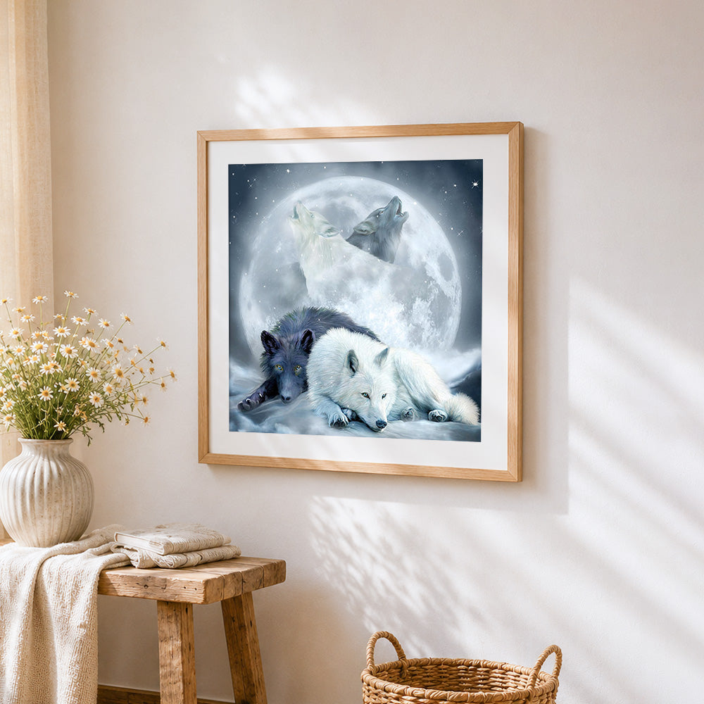 Wolves howling at the moon cross stitch artwork displayed on wall as home decor