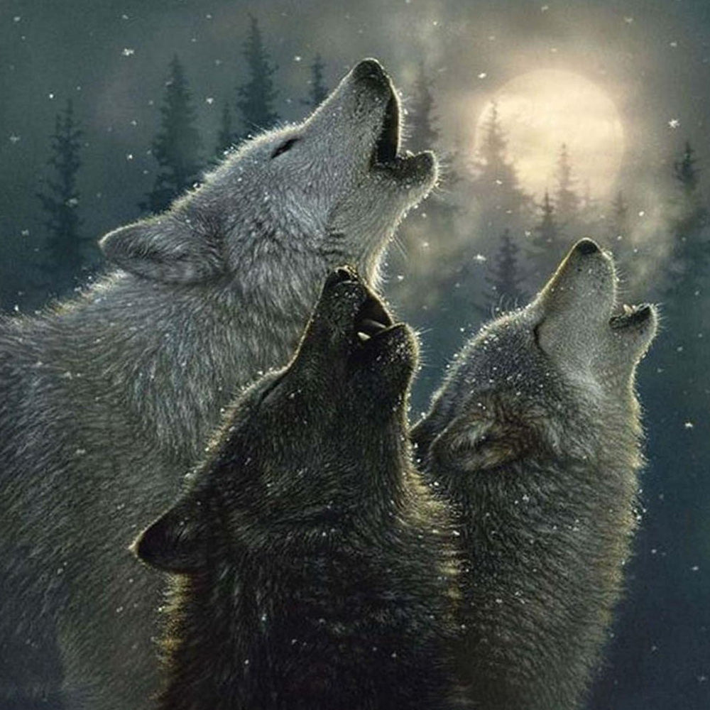 Wolves howling in a snowy forest cross stitch kit for beginners