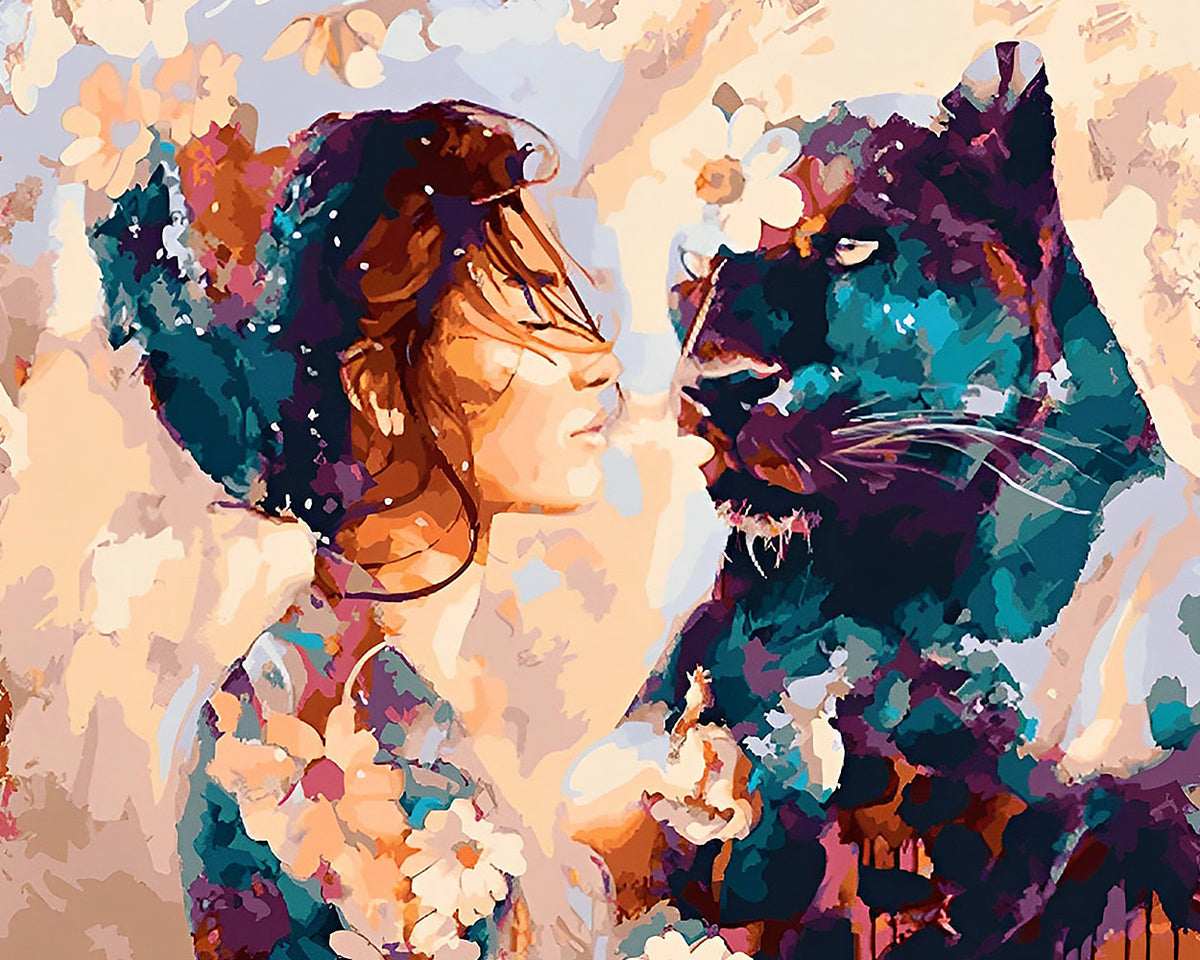 Woman and black panther with flowers cross stitch kit for beginners