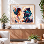 Finished woman and black panther with flowers paint by numbers artwork displayed as home decor