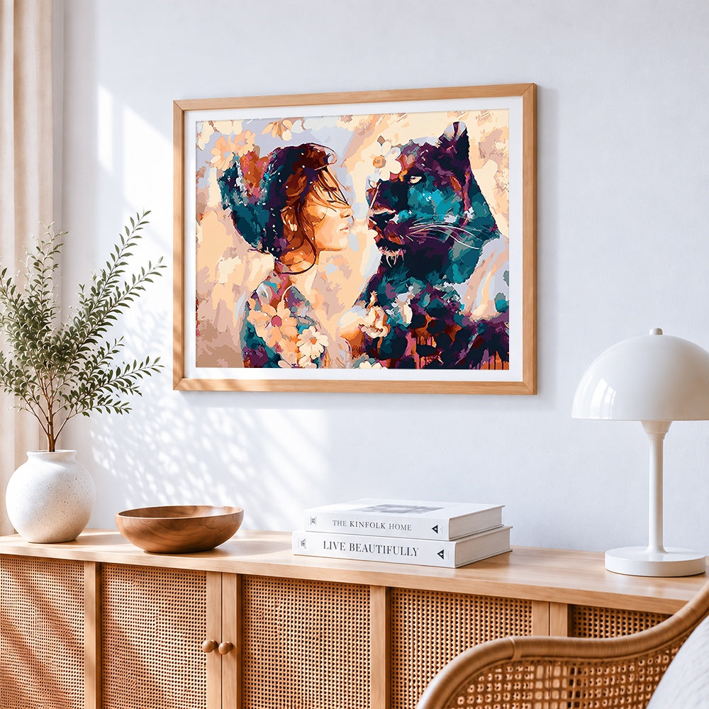 Woman and black panther with flowers paint by numbers artwork displayed on wall as home decor