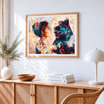 Woman and black panther with flowers paint by numbers artwork displayed on wall as home decor
