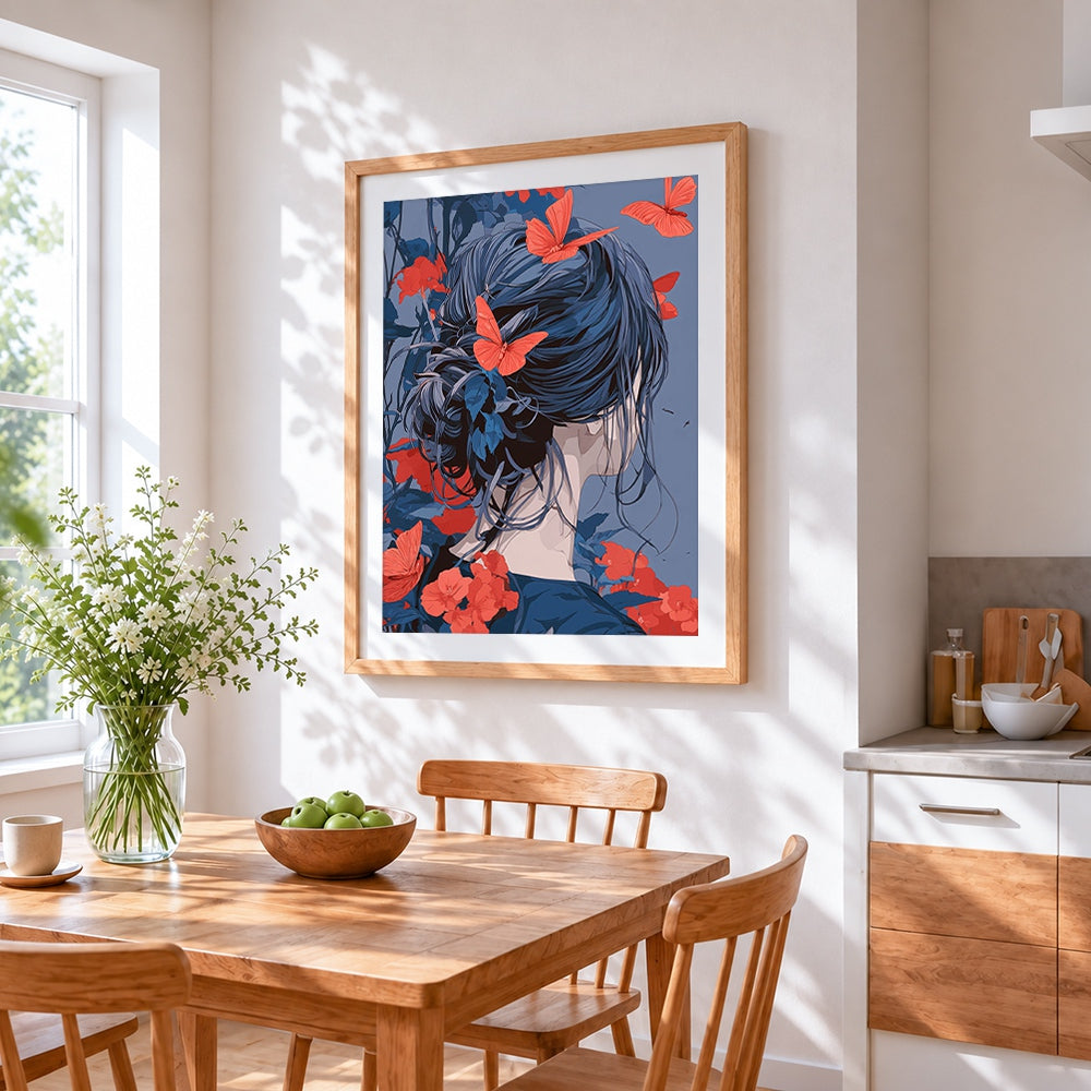Woman and crimson butterflies cross stitch artwork displayed on wall as home decor
