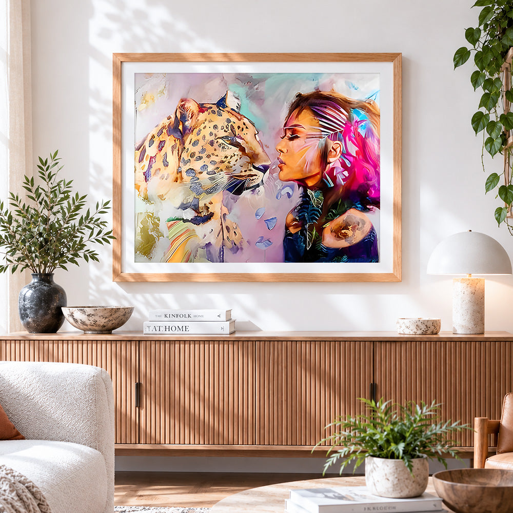 Finished woman and leopard paint by numbers artwork displayed as home decor