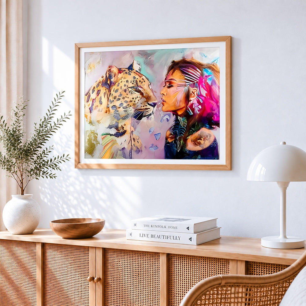 Woman and leopard paint by numbers artwork displayed on wall as home decor