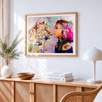 Woman and leopard paint by numbers artwork displayed on wall as home decor