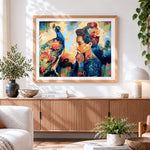 Finished woman and peacock cross stitch artwork displayed