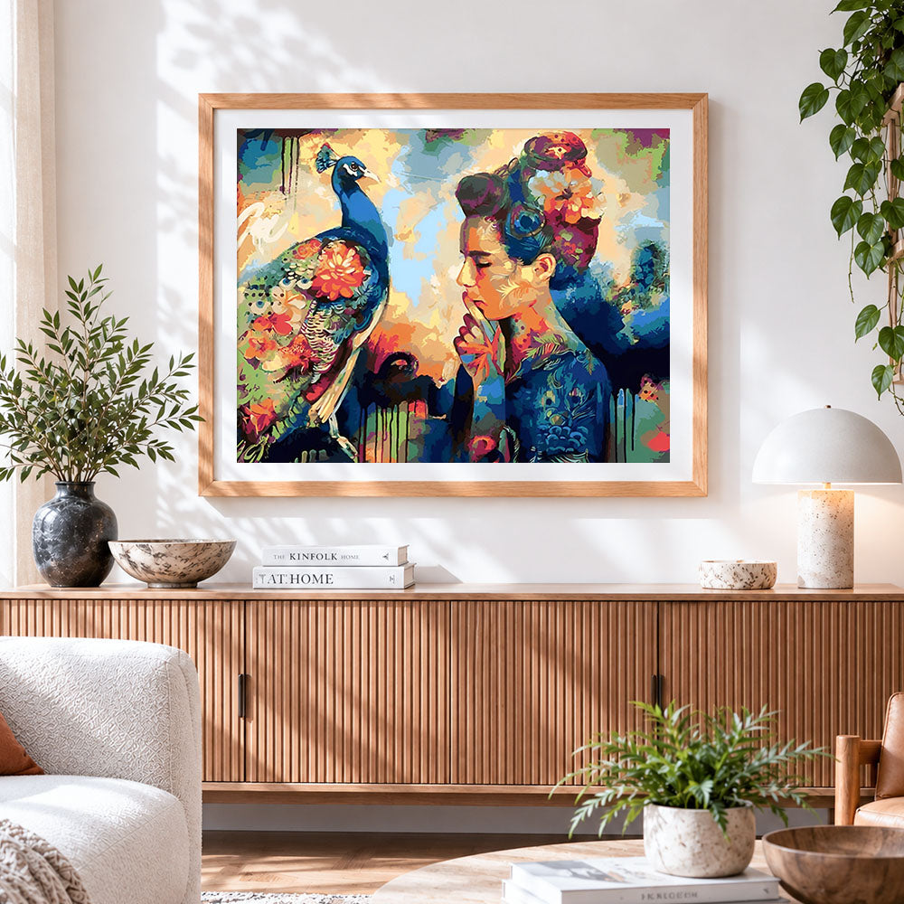 Finished woman and peacock cross stitch artwork displayed