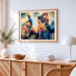 Woman and peacock cross stitch artwork displayed on wall as home decor