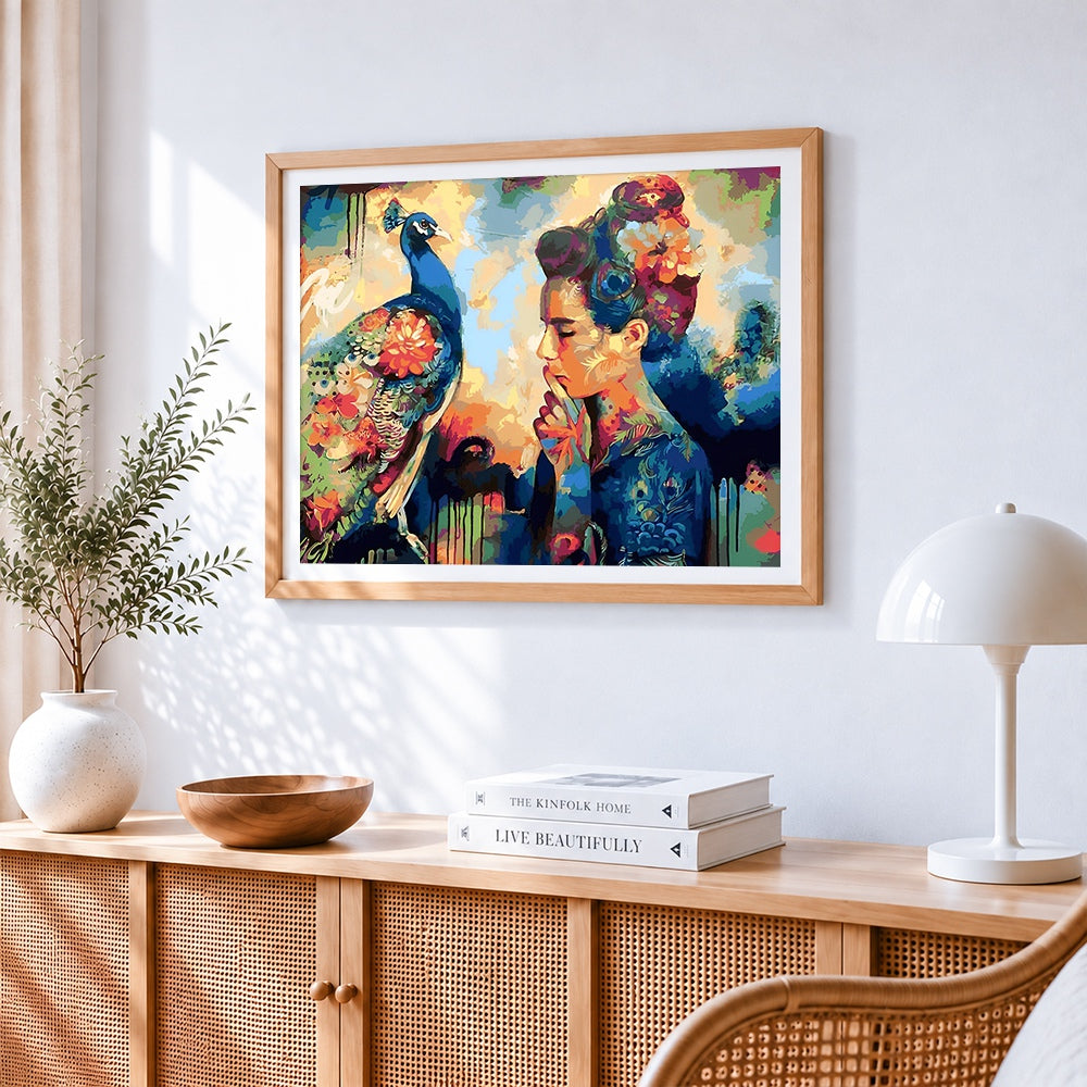 Woman and peacock cross stitch artwork displayed on wall as home decor