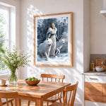 Woman and white wolves in a snowy forest cross stitch artwork displayed on wall as home decor