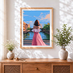 Finished woman at sunset on the canal bridge cross stitch artwork displayed