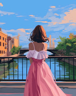 Woman at sunset on the canal bridge cross stitch kit for beginners