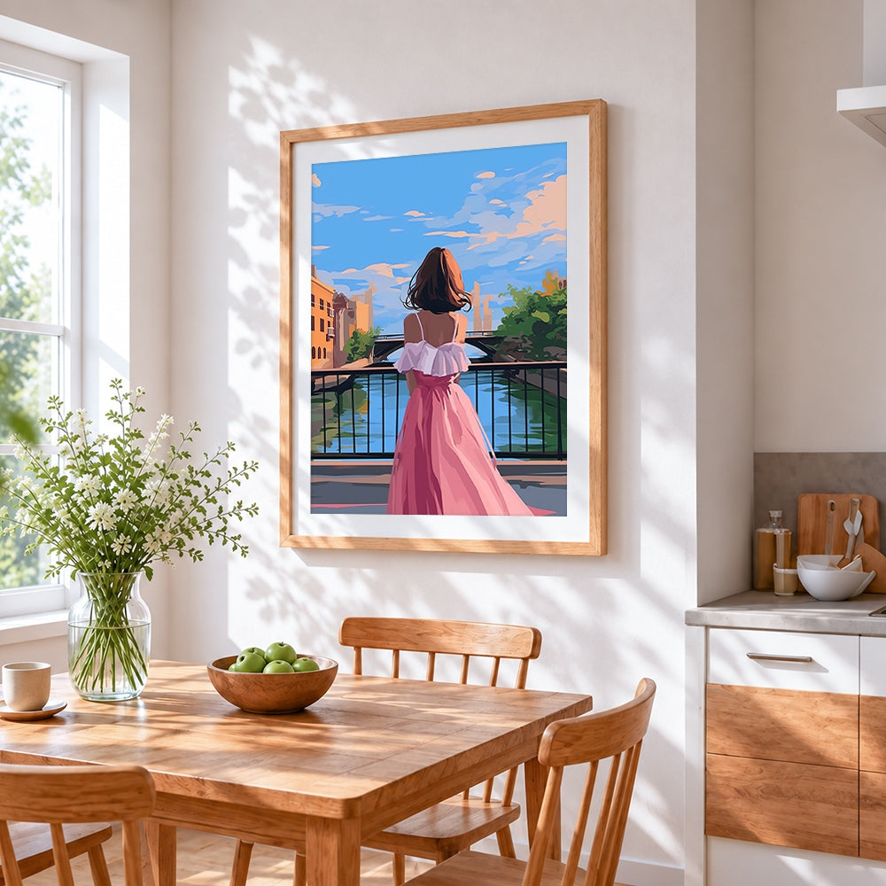 Woman at sunset on the canal bridge cross stitch artwork displayed on wall as home decor