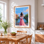 Woman at sunset on the canal bridge cross stitch artwork displayed on wall as home decor