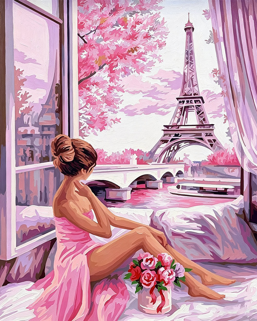 Woman by window looking at eiffel tower cross stitch kit for beginners