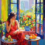 Woman by window with fruit cross stitch kit for beginners