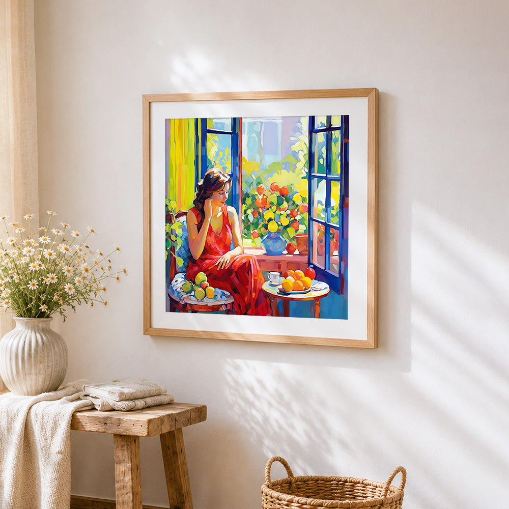 Woman by window with fruit cross stitch artwork displayed on wall as home decor