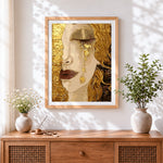 Finished woman crying golden tears paint by numbers artwork displayed as home decor