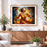 Finished woman dancing in autumn leaves cross stitch artwork displayed