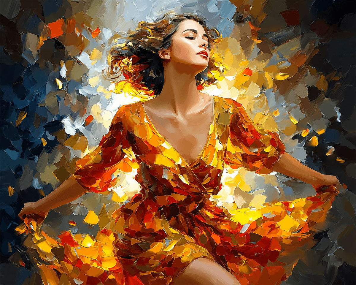 Woman dancing in autumn leaves cross stitch kit for beginners