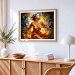 Woman dancing in autumn leaves cross stitch artwork displayed on wall as home decor