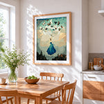 Woman flying with butterflies cross stitch artwork displayed on wall as home decor