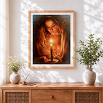 Finished woman holding a candle cross stitch artwork displayed