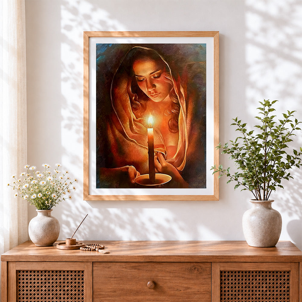 Finished woman holding a candle cross stitch artwork displayed