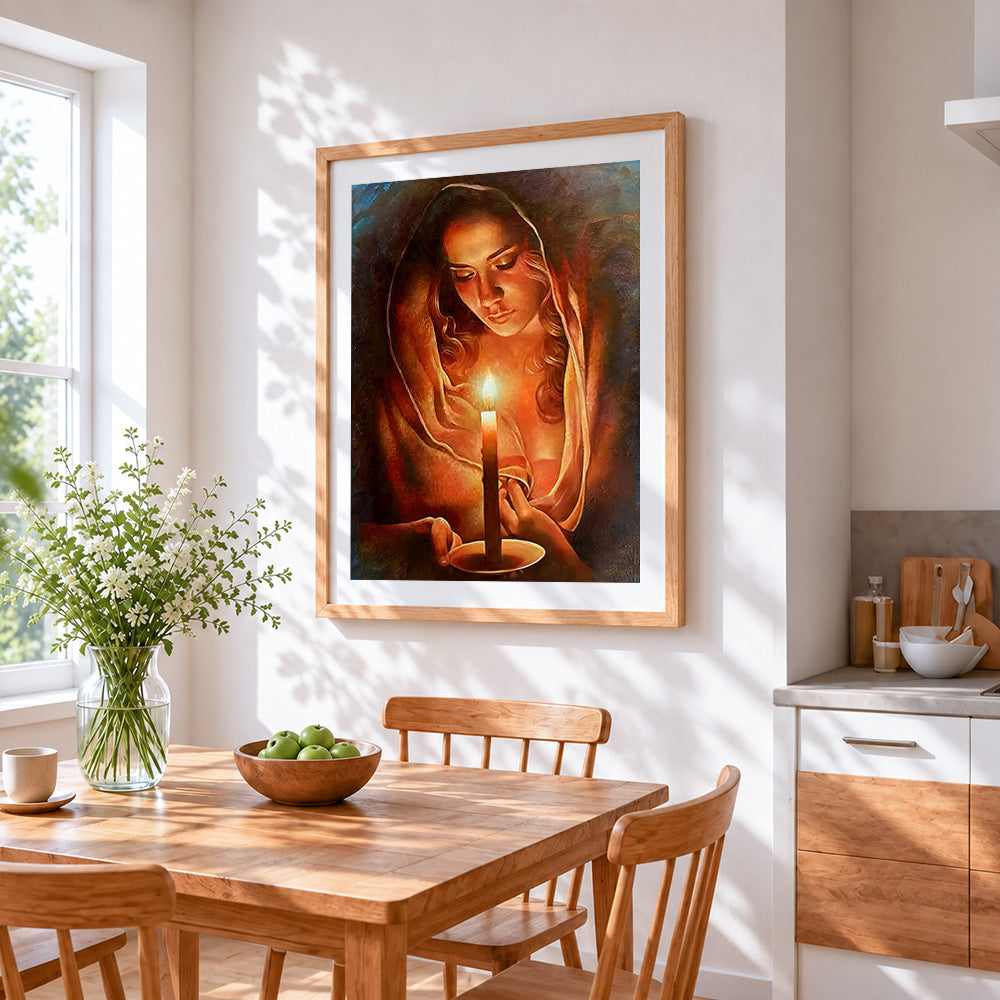 Woman holding a candle cross stitch artwork displayed on wall as home decor