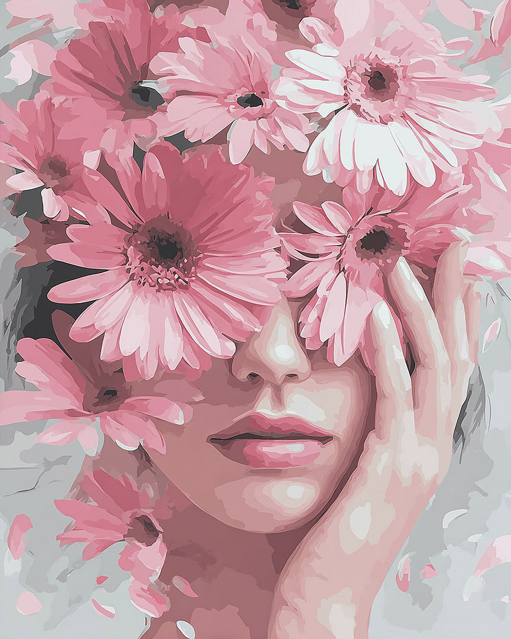 Woman holding pink gerbera daisies cross stitch kit for beginners