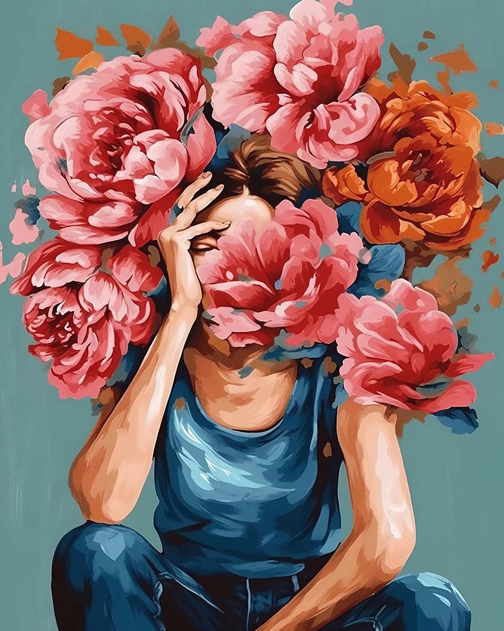 Woman holding pink peonies to face cross stitch kit for beginners