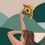 Woman holding sunflowers cross stitch kit for beginners