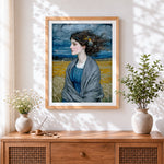 Finished woman in a golden field cross stitch artwork displayed