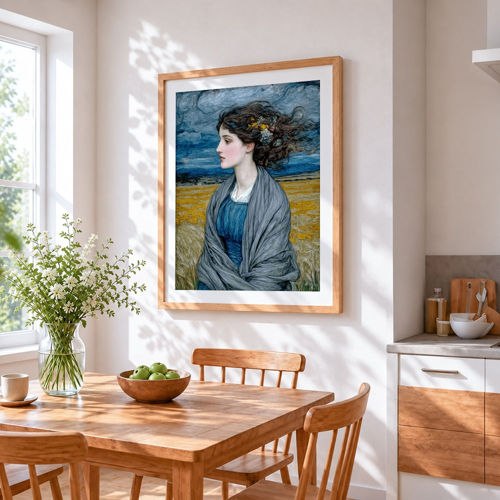 Woman in a golden field cross stitch artwork displayed on wall as home decor