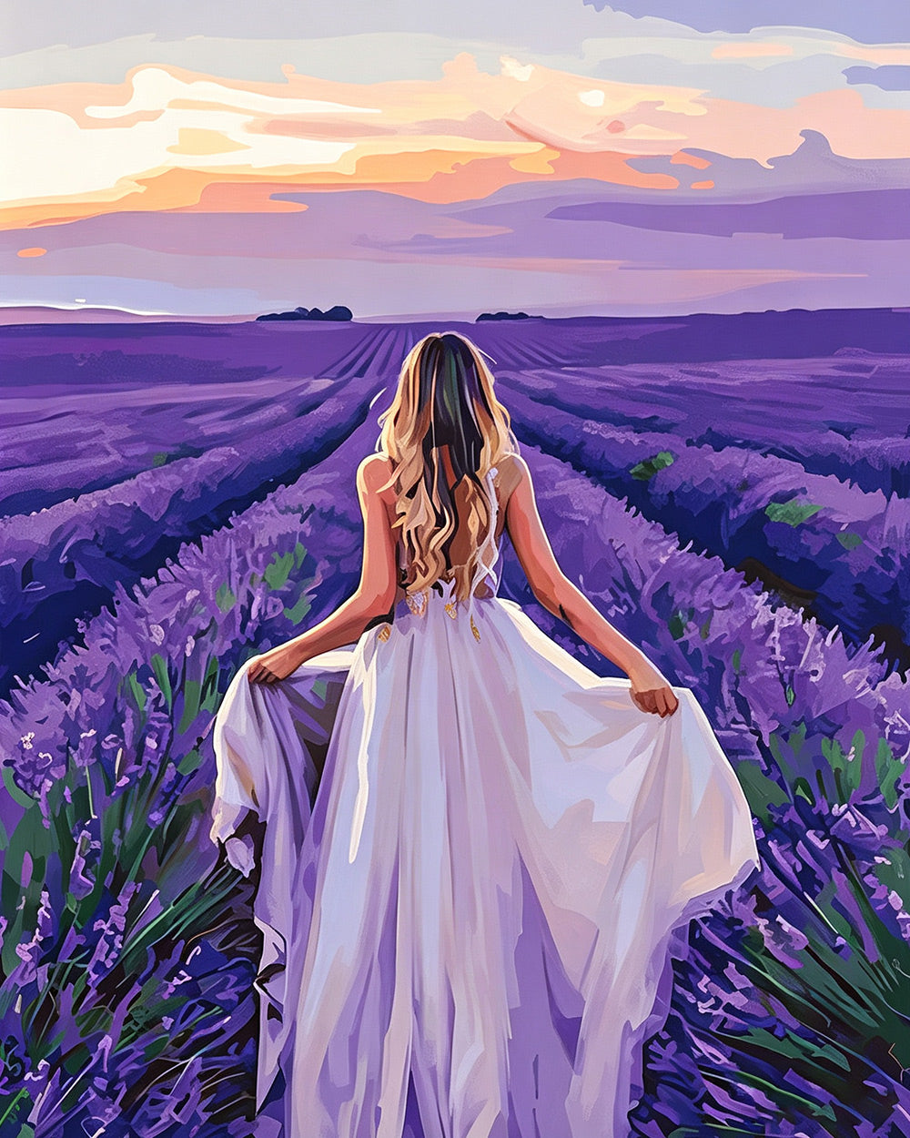 Woman in a lavender field cross stitch kit for beginners