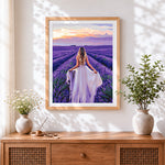 Finished woman in a lavender field paint by numbers artwork displayed as home decor