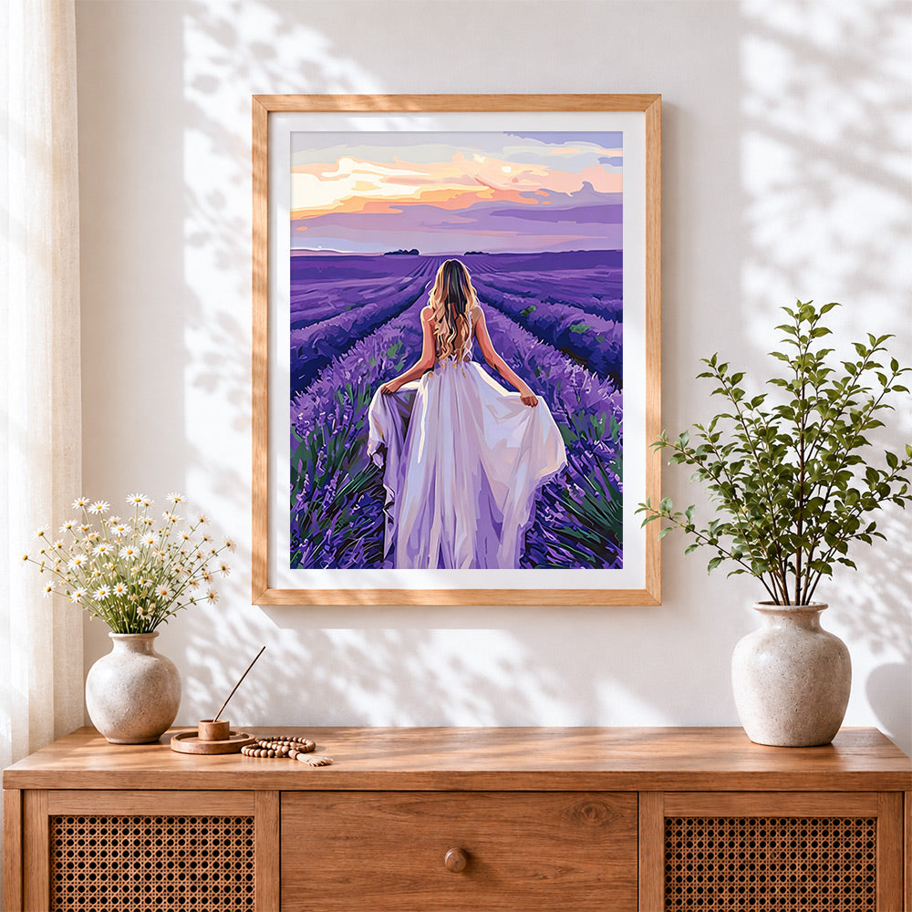 Finished woman in a lavender field paint by numbers artwork displayed as home decor