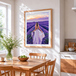 Woman in a lavender field paint by numbers artwork displayed on wall as home decor