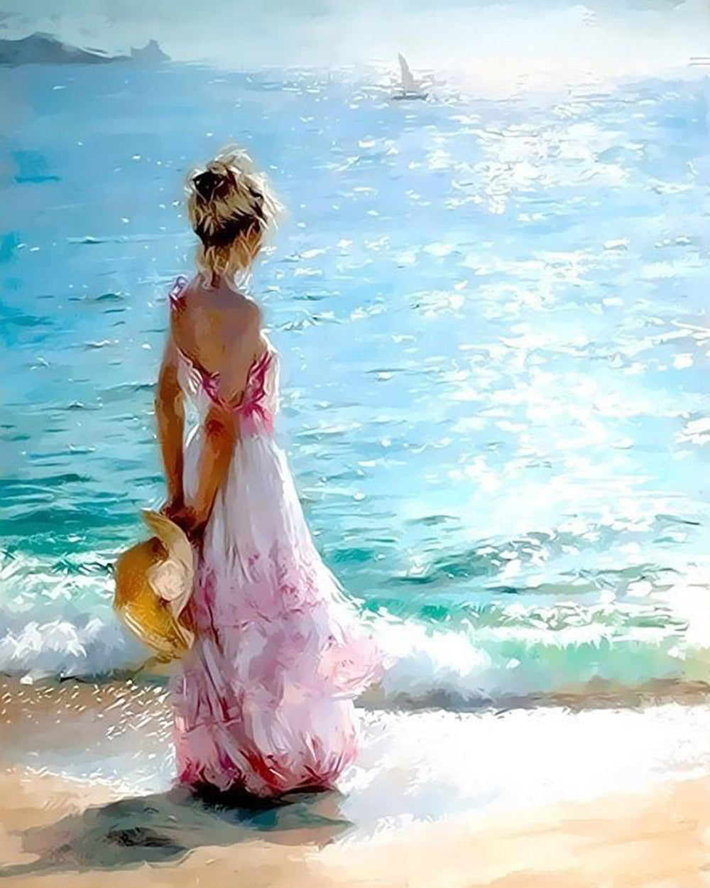Woman in a pink dress by the sea cross stitch kit for beginners