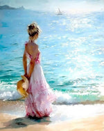 Woman in a pink dress by the sea paint by numbers kit for beginners