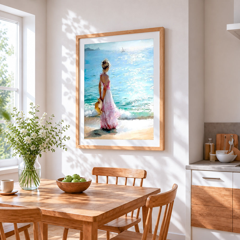 Woman in a pink dress by the sea paint by numbers artwork displayed on wall as home decor