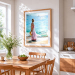 Woman in a pink dress by the sea paint by numbers artwork displayed on wall as home decor