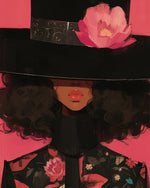 Woman in black hat with pink flower cross stitch kit for beginners